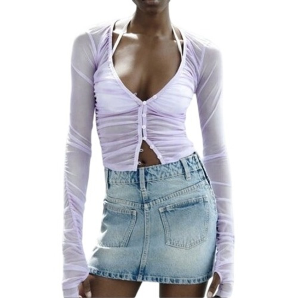 Zara Long Sleeve Purple Sheer Mesh Ruched Button Crop Top Women's Size Large